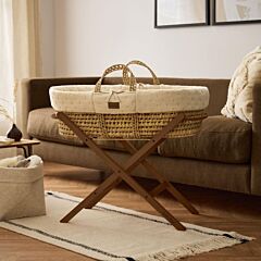 Organic Dimple Quilted Moses Basket, Mattress & Walnut Foldable Stand Linen
