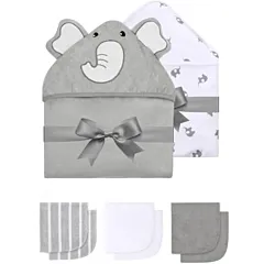 Momcozy Baby Hooded Towel - 2x Hooded Towels & 6 Washcloths Grey/White