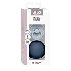 BIBS Colour Pacifier And Pacifier Case Mini - Baby Blu /Steel Blu
