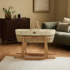 Little Green Sheep Organic Quilt Moses Basket, Mattress & Natural Rocking Stand - Leaves 
